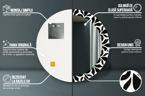 Espelho circular de parede decorativo Ornamento geométrico preto