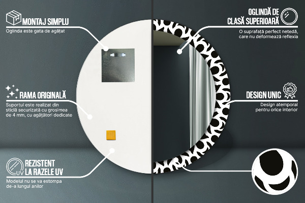 Espelho circular de parede decorativo Ornamento geométrico preto