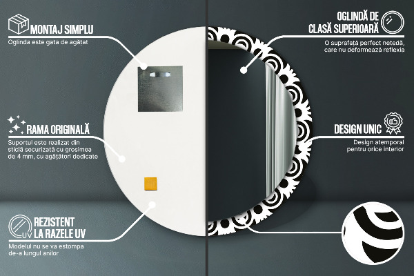 Espelho circular de parede decorativo Ornamento geométrico preto