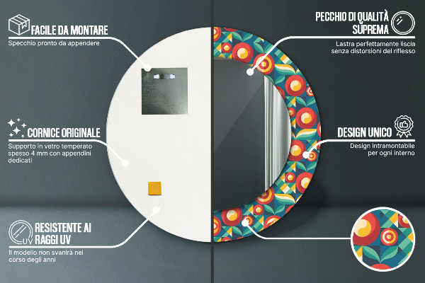 Espelho circular de parede decorativo Frutos e folhas geométricos
