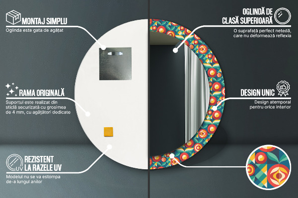 Espelho circular de parede decorativo Frutos e folhas geométricos