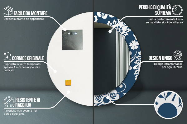 Espelho com moldura impressa redondo Composição paisley