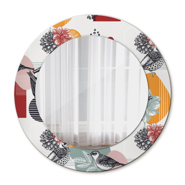 Espelho circular de parede decorativo Abstrato com pássaros