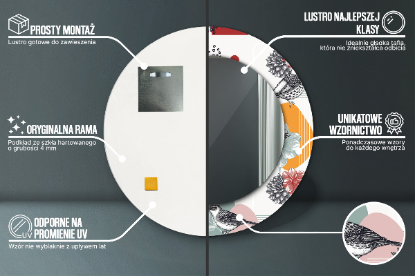 Espelho circular de parede decorativo Abstrato com pássaros