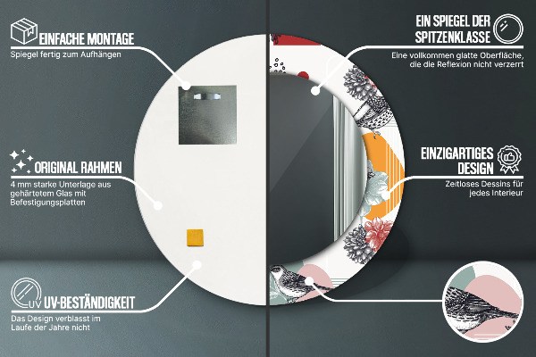 Espelho circular de parede decorativo Abstrato com pássaros