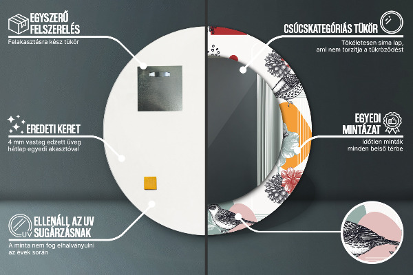 Espelho circular de parede decorativo Abstrato com pássaros