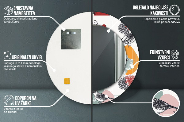 Espelho circular de parede decorativo Abstrato com pássaros