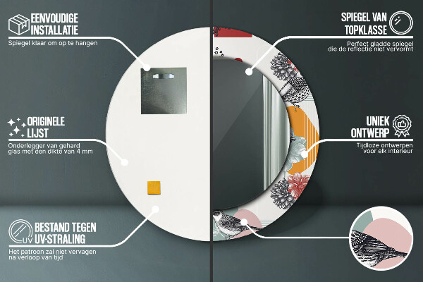 Espelho circular de parede decorativo Abstrato com pássaros