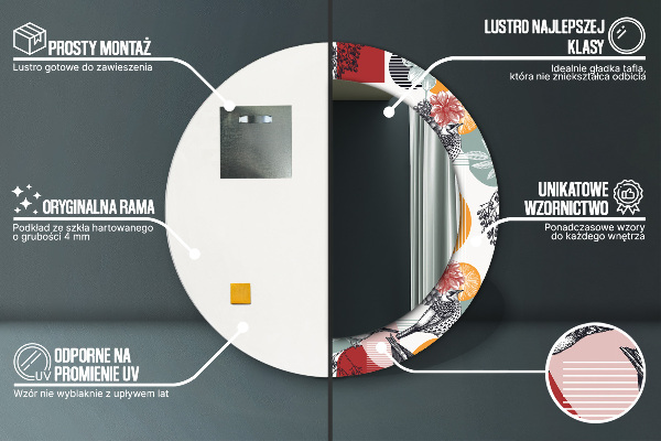 Espelho circular de parede decorativo Abstrato com pássaros