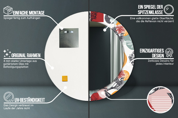 Espelho circular de parede decorativo Abstrato com pássaros