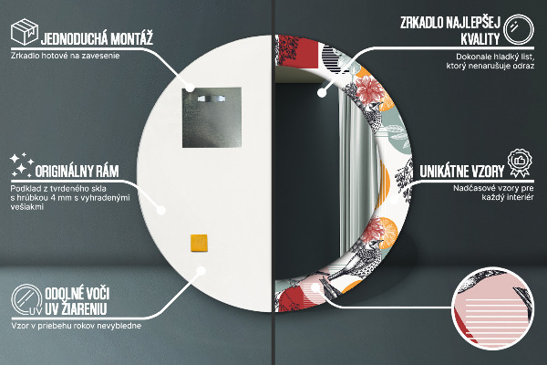 Espelho circular de parede decorativo Abstrato com pássaros