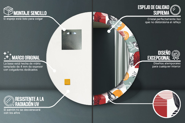 Espelho circular de parede decorativo Abstrato com pássaros