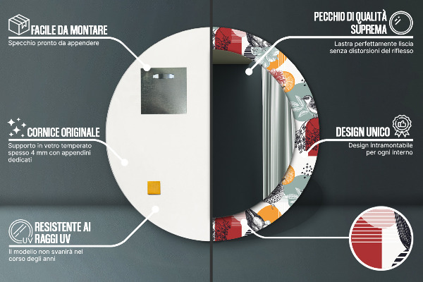 Espelho circular de parede decorativo Abstrato com pássaros