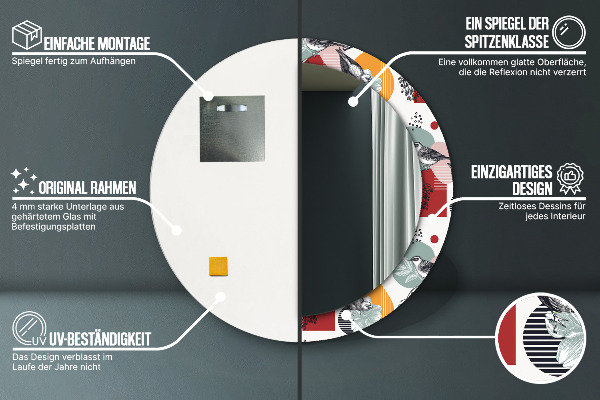 Espelho circular de parede decorativo Abstrato com pássaros