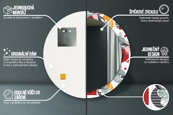 Espelho circular de parede decorativo Abstrato com pássaros