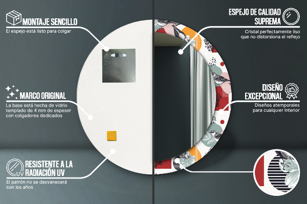 Espelho circular de parede decorativo Abstrato com pássaros