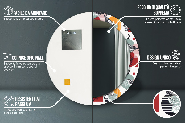 Espelho circular de parede decorativo Abstrato com pássaros