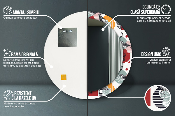 Espelho circular de parede decorativo Abstrato com pássaros