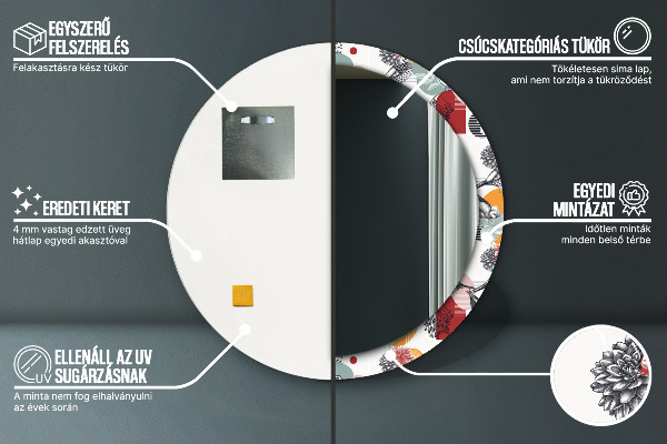 Espelho circular de parede decorativo Abstrato com pássaros