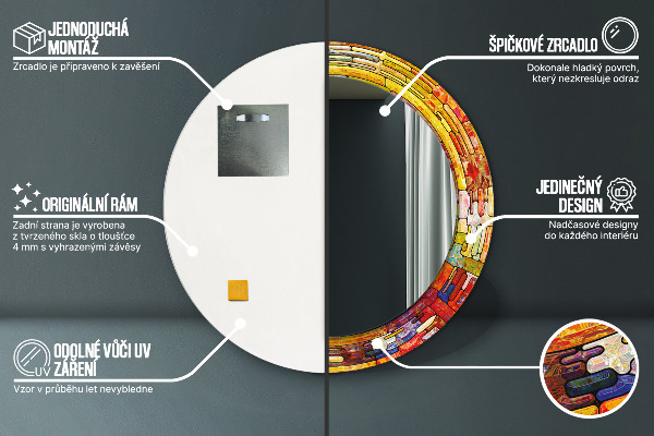 Espelho com moldura impressa redondo Vitral colorido