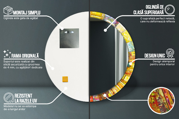 Espelho com moldura impressa redondo Vitral colorido