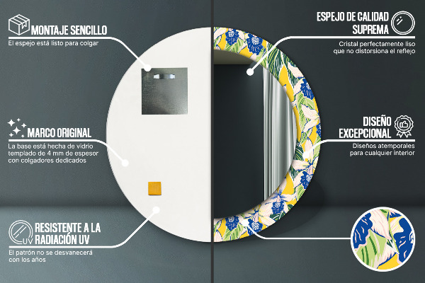 Espelho com moldura impressa redondo Orquídeas azuis e amarelas