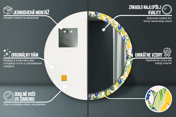 Espelho com moldura impressa redondo Orquídeas azuis e amarelas