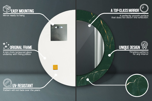 Espelho com moldura impressa redondo Folhas douradas delicadas