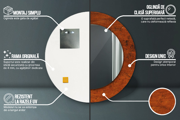 Espelho com moldura impressa redondo Madeira natural