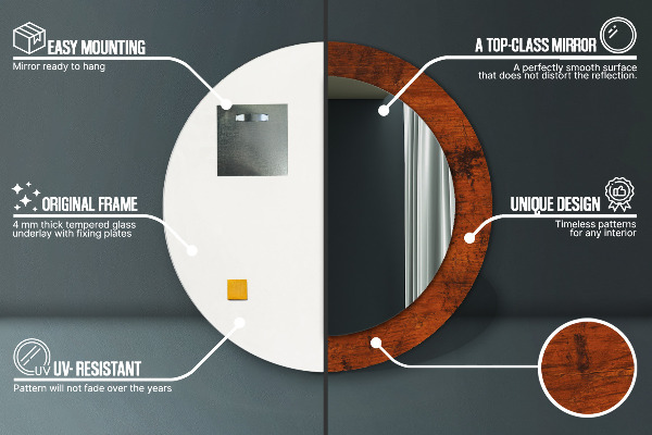 Espelho com moldura impressa redondo Madeira natural