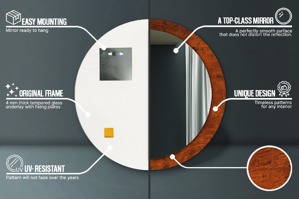 Espelho com moldura impressa redondo Madeira natural