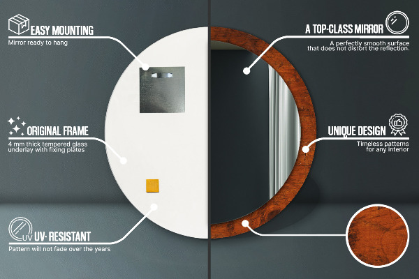 Espelho com moldura impressa redondo Madeira natural