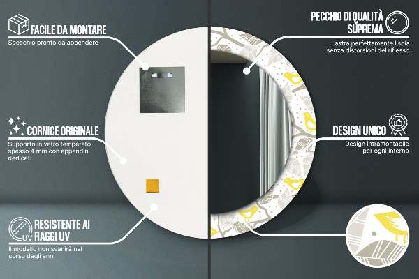 Espelho com moldura impressa redondo Pássaros amarelos em ramos