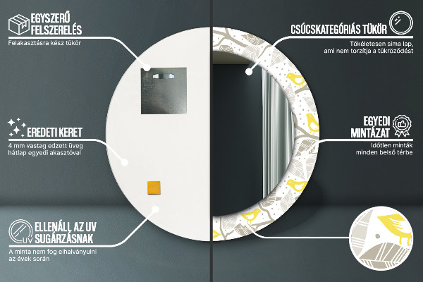 Espelho com moldura impressa redondo Pássaros amarelos em ramos