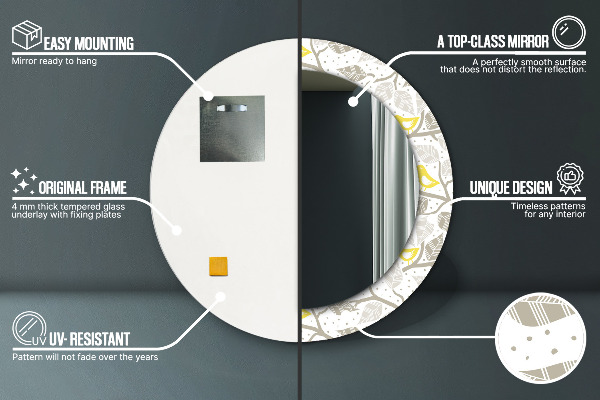 Espelho com moldura impressa redondo Pássaros amarelos em ramos