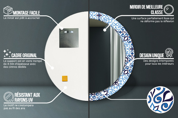 Espelho de parede circular decorativo Padrão árabe azul