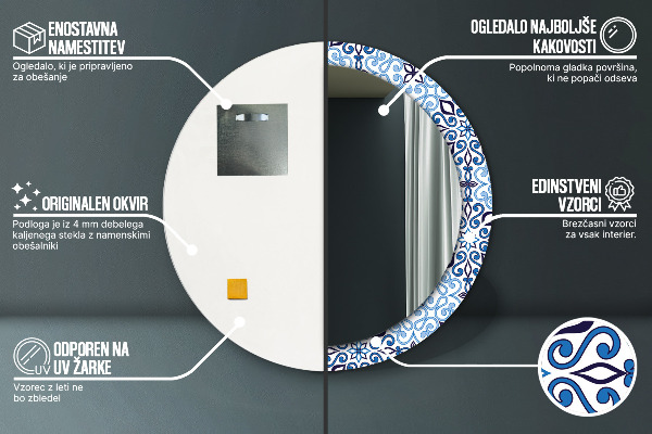 Espelho de parede circular decorativo Padrão árabe azul