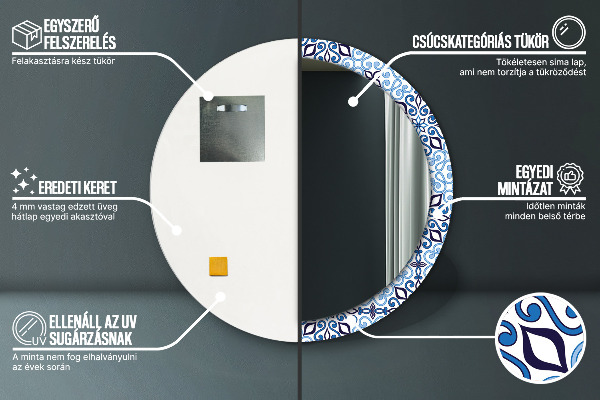 Espelho de parede circular decorativo Padrão árabe azul