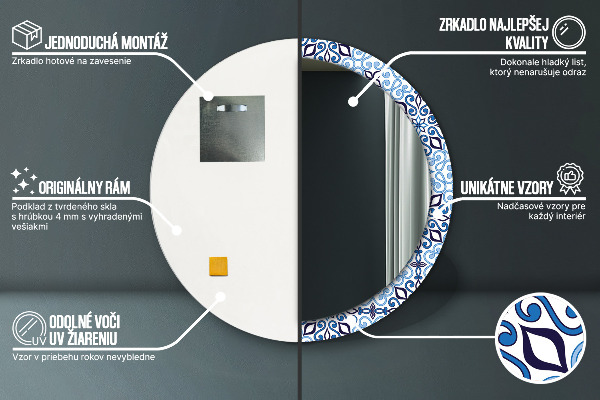 Espelho de parede circular decorativo Padrão árabe azul