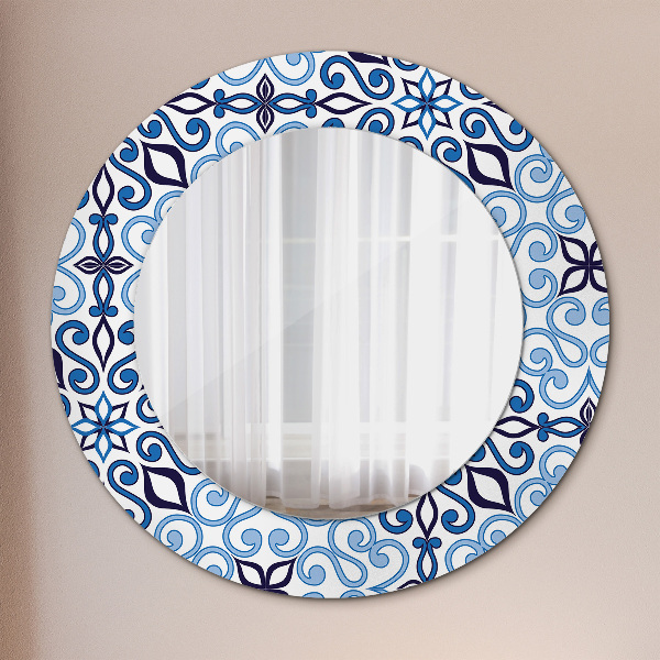 Espelho de parede circular decorativo Padrão árabe azul