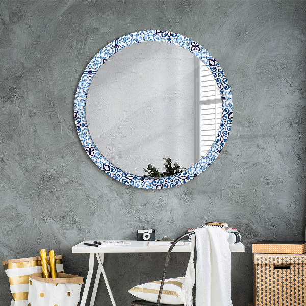 Espelho de parede circular decorativo Padrão árabe azul