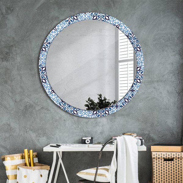 Espelho de parede circular decorativo Padrão árabe azul