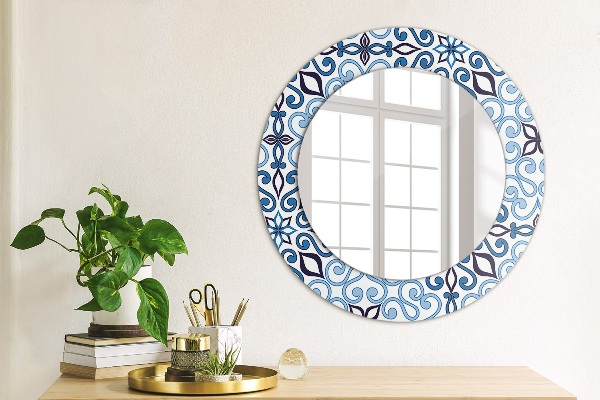 Espelho de parede circular decorativo Padrão árabe azul