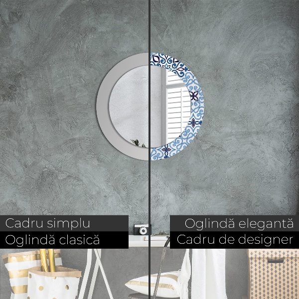 Espelho de parede circular decorativo Padrão árabe azul