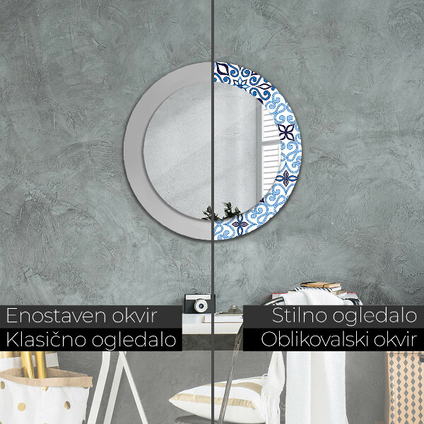 Espelho de parede circular decorativo Padrão árabe azul