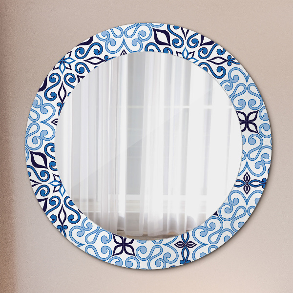 Espelho de parede circular decorativo Padrão árabe azul