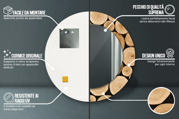 Espelho com moldura impressa redondo Troncos de madeira