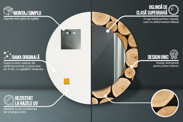 Espelho com moldura impressa redondo Troncos de madeira