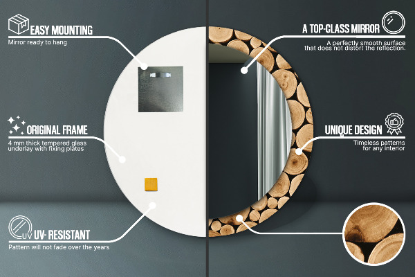 Espelho com moldura impressa redondo Troncos de madeira