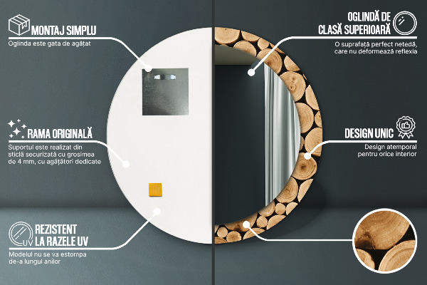 Espelho com moldura impressa redondo Troncos de madeira